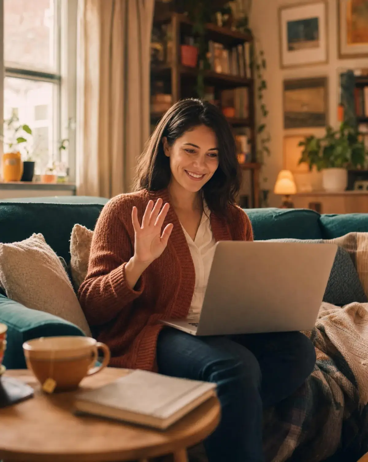 Woman on a sofa smiling and waving at her laptop on a video call