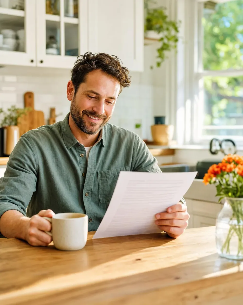 Man at his kitchen table reading a printed report with a coffee