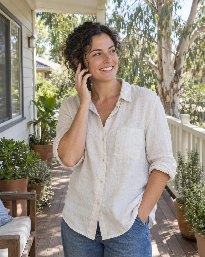 Woman smiling during a phone call on a sunny verandah at home