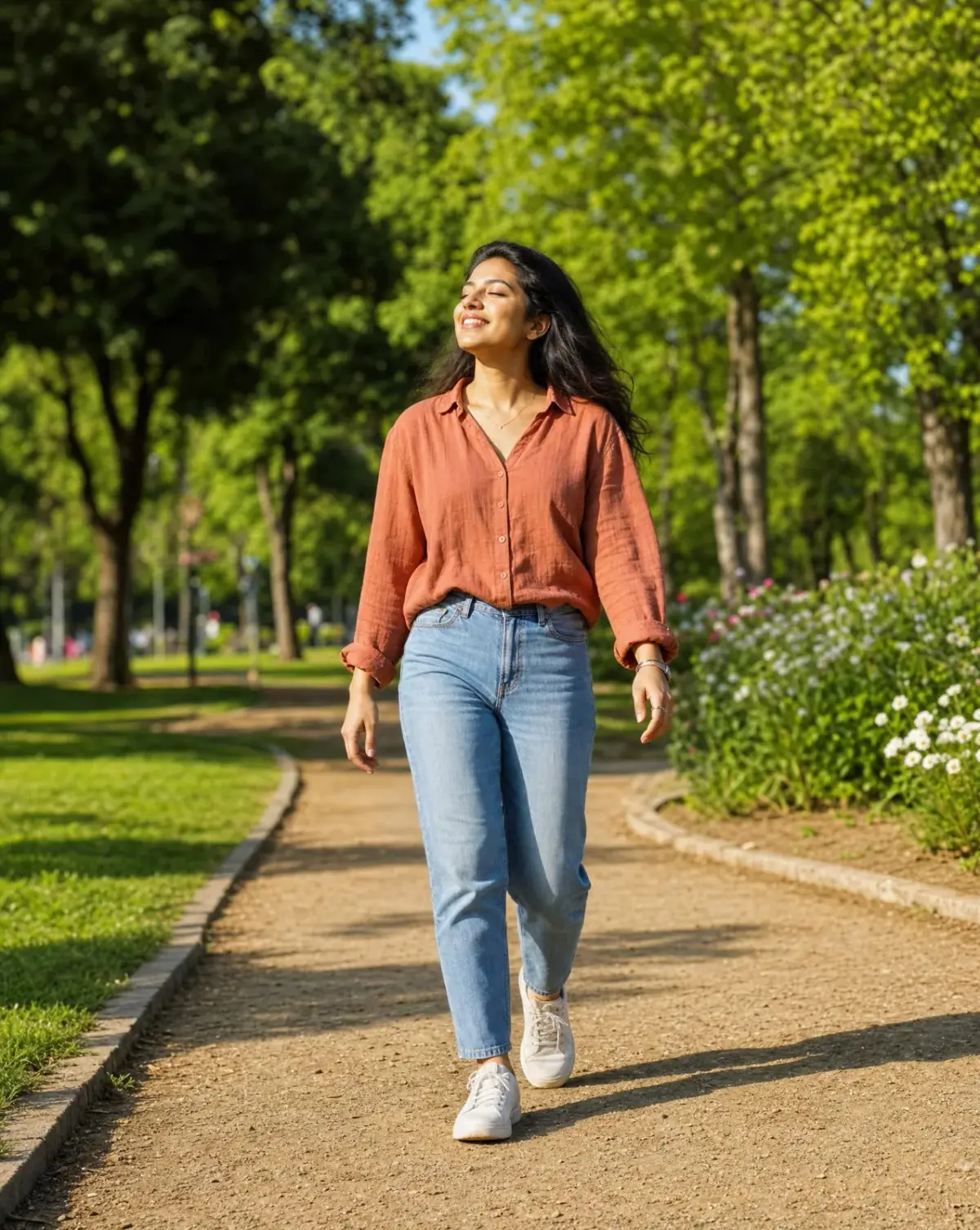 Young woman walking along a sunlit park path, smiling