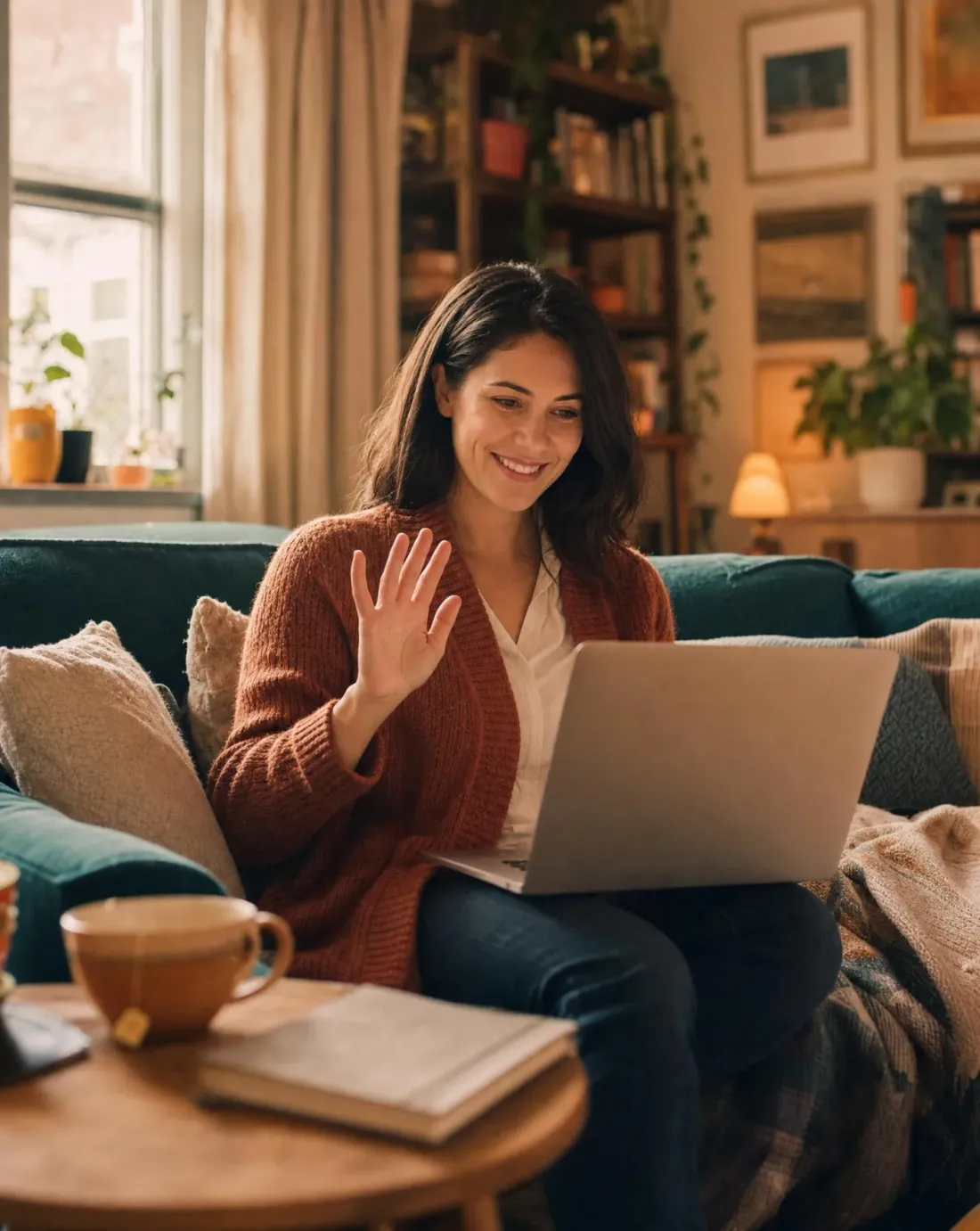 Woman on a couch waving at a video call on her laptop
