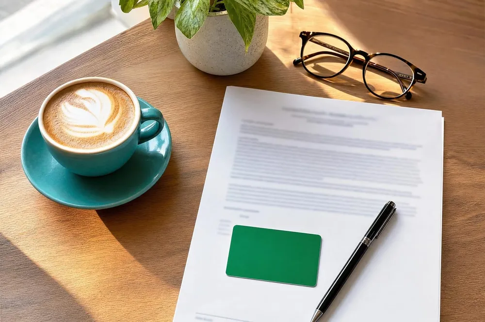 A mental health plan letter and a card beside a coffee cup on a sunny desk