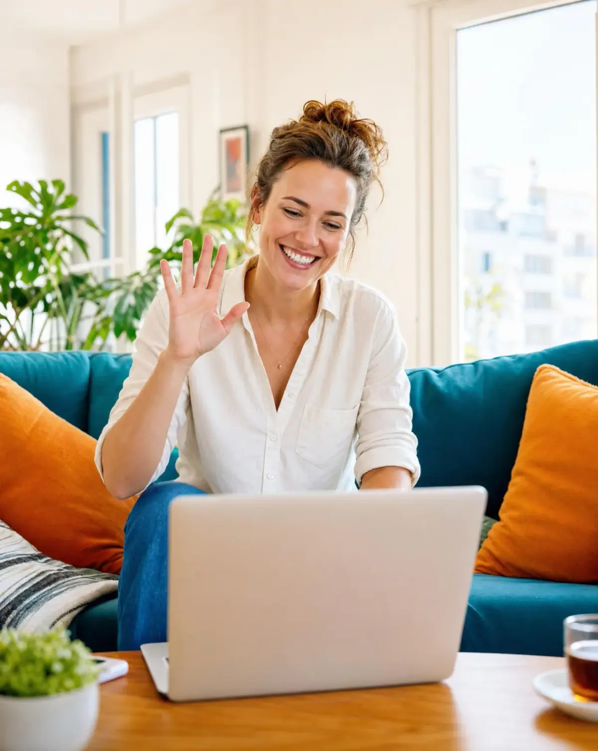 Woman on a teal sofa smiling and waving at her laptop in a video session