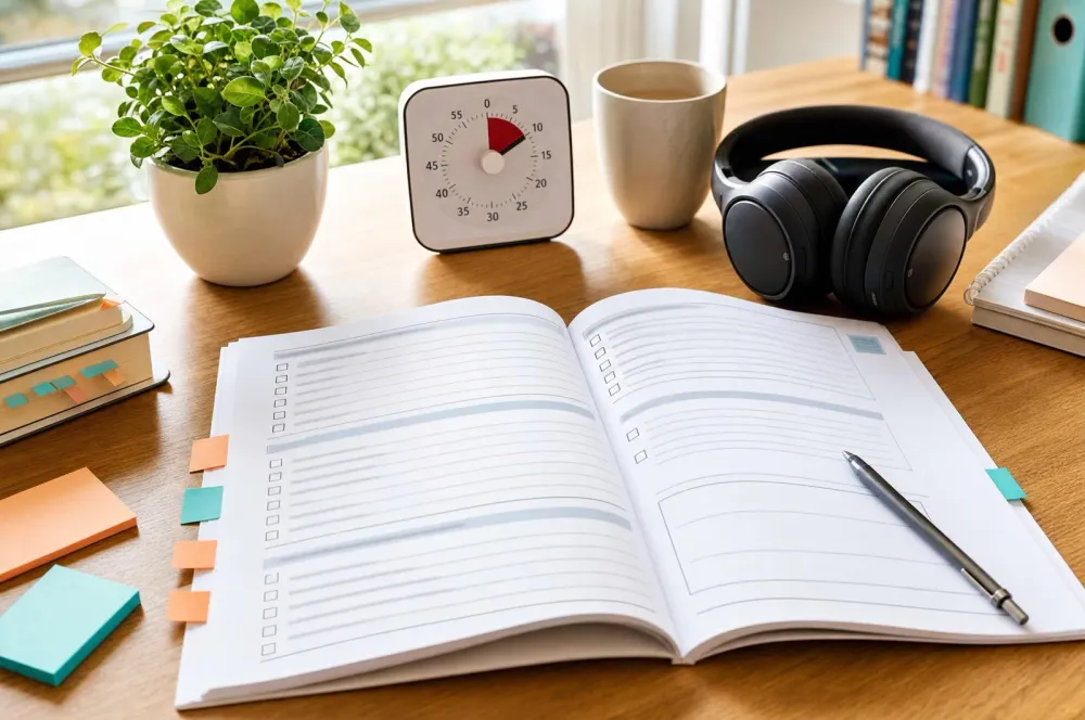 Weekly planner, timer and headphones laid out on a bright desk
