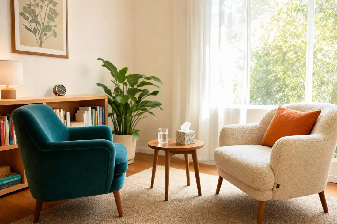 Sunlit living room with two armchairs, a lamp and a bookshelf
