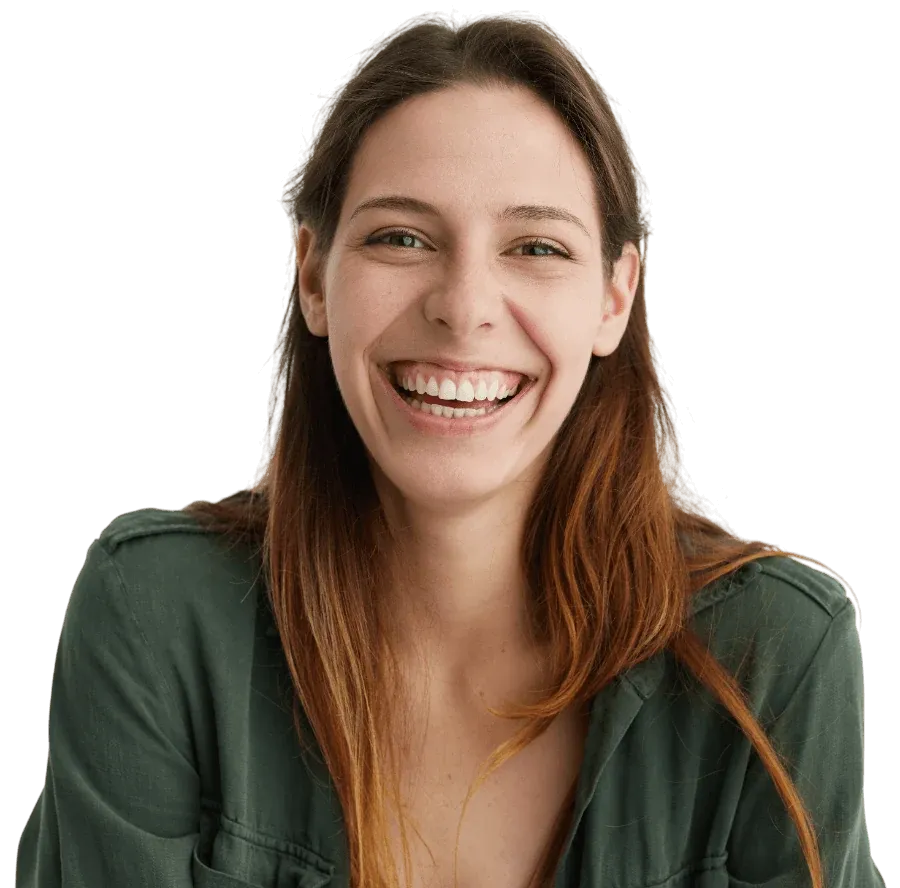 Smiling woman with long brown hair in a green shirt