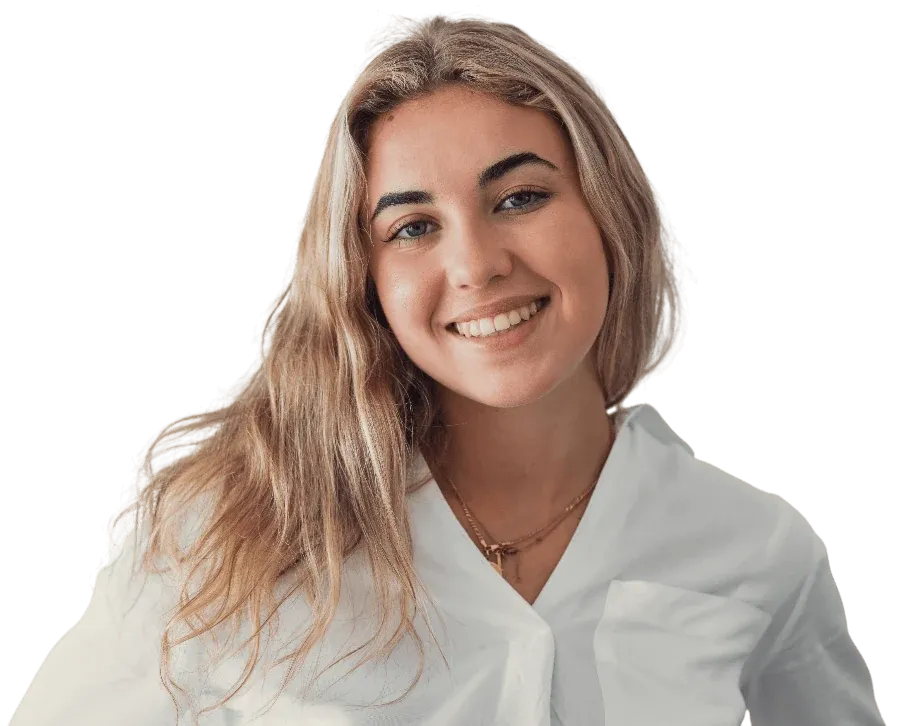 Young woman with long fair hair smiling in a white shirt