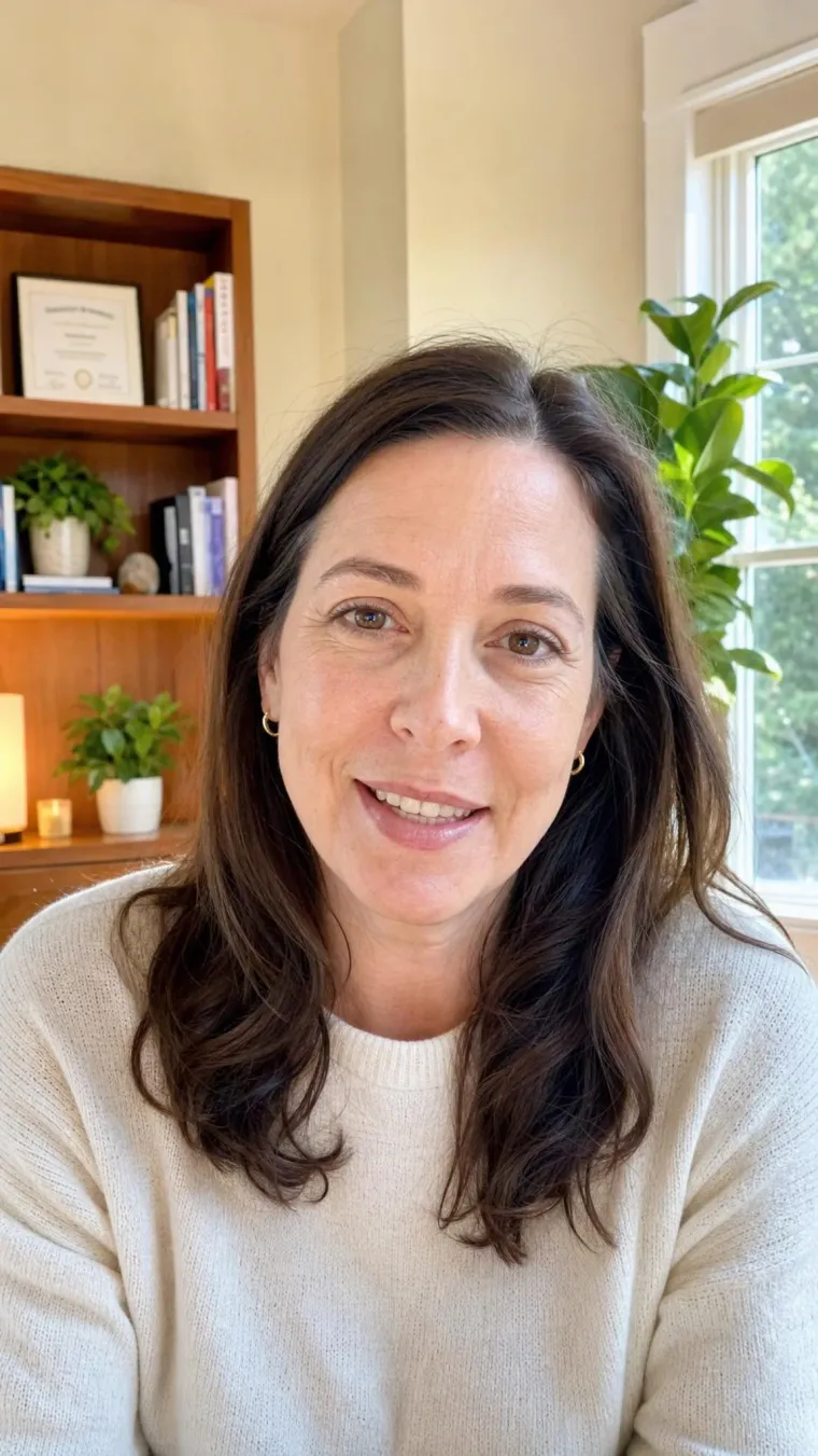 A practitioner smiling on a video call, shown on a phone screen